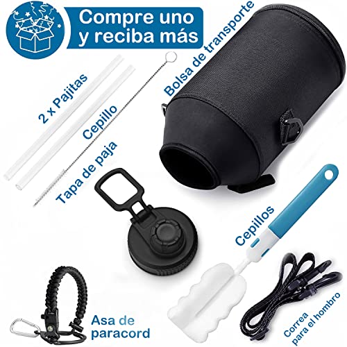 1920ml/64oz Termo de Acero Inoxidable,Termo de Agua con 2 Tapas y con chaqueta de aislamiento, Doble Pared y Tapa Hermética Antigoteo, ara Agua Fría (24 horas) o Caliente (12 horas).