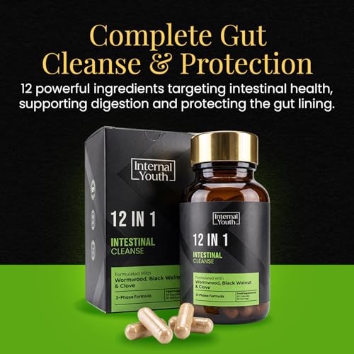 12 in 1 Intestinal Cleanse - 1500mg Wormwood, Black Walnut and Clove + 9 Key Ingredients for Digestive & Liver Support - High Strength Natural Gut Cleanse Detox for Men & Women -30 Day Supply