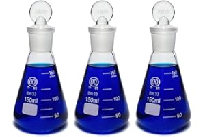 HUAOU Scientific 150ml Erlenmeyer Conical Flasks Set with Ground Glass Stoppers, Graduated 3.3 Borosilicate Glass, Pack of 3