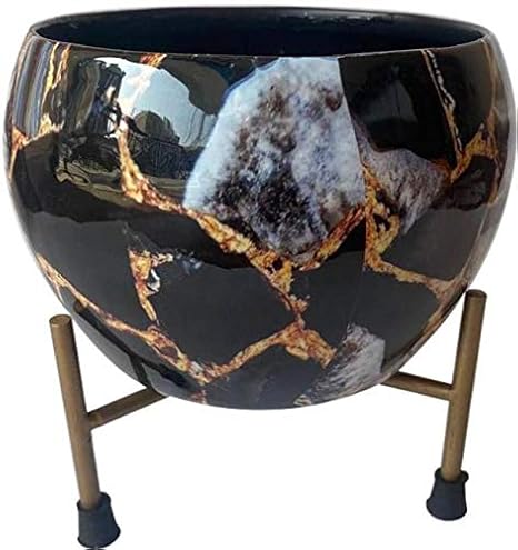 Vyne Durable Rust Free Black Marble Finish Brass Flower Planter Pot with Iron Stand for for Living Room Indoor Plants Elevated Garden Planter Home Garden Decor Brass Vase (6 inch, Black) (Pack of 4)