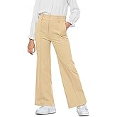 Haloumoning Girls Wide Leg Uniform Pants Kids Elastic High Waist Dress Pants Slacks with Pockets 5-14 Years