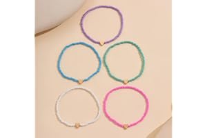 Multi-Color Beaded Anklet with Heart Charm – Set of 5 Adjustable, Trendy Bohemian Foot Jewelry for Summer Beach