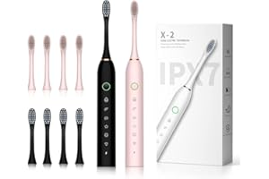 SUNPRO 2 Pack Sonic Electric Toothbrush for Adults, 6 Modes for Deep Clean, Include Smart Timer and 8 Heads (Black+Pink)