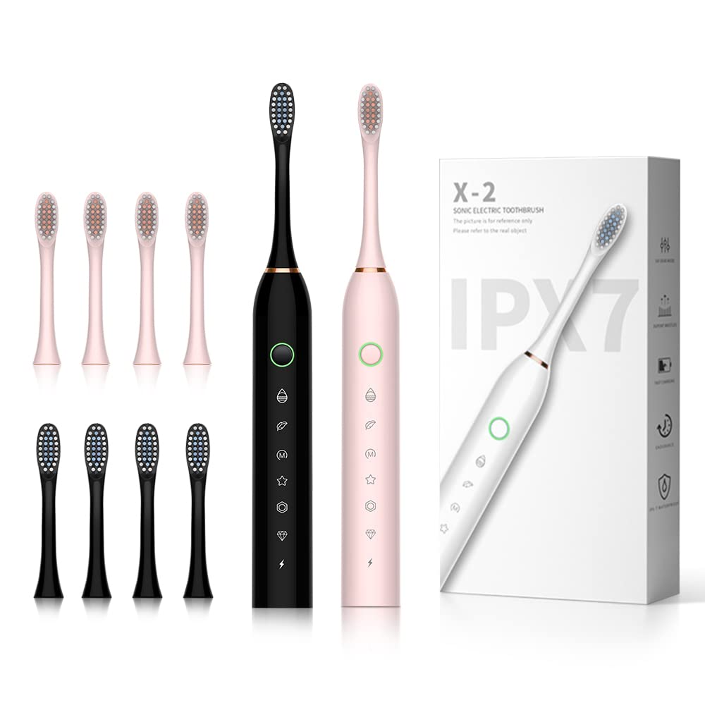 Photo 1 of SUNPRO 2 Pack Sonic Electric Toothbrush, 6 Brush Modes, Built-in 2 Minute Brushing Timer, with 8 Heads(Black+Pink)