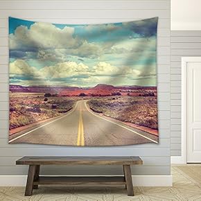 Vintage Stylized Desert Road, Travel Concept. - Fabric Wall Tapestry Home Decor - 51x60 inches