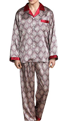 YIMANIE Mens Silk Satin Pattern Pajamas Set Classic Sleepwear Loungewear Long Sleeve Nightwear Set Sleep Shirt & Sleep Pant