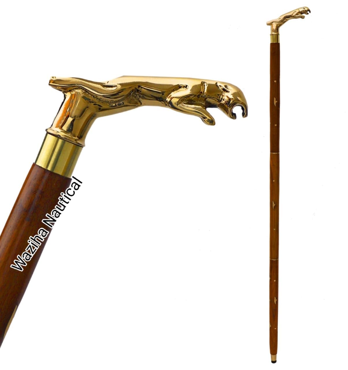 Designer Brass Jaguar Head Handle Walking Stick Antique Style Wooden Cane Designer Brass Golden Head Handle Walking Stick Antique Style Wooden Cane Gift