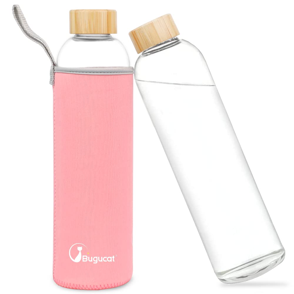 Bugucat Borosilicate Glass Water Bottle 1000ML, Reusable Lid Drinking Bottle with Protective Sleeves,Juice Beverage Container BPA-Free Leak Proof for School Sport Yoga Gym Hot Cold Drinks — image 1