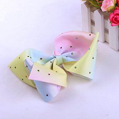 8 Pcs,7"×5‘’ Assroted Gradient Rainbow Cheerleader Large bowties hairpin with Golden Rhinestone