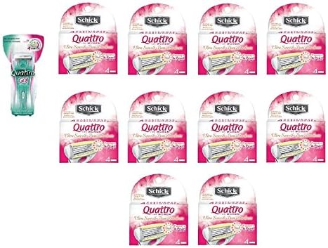 Schick Quattro for Woman GO Razor Handle + Schick Quattro for Women Razor Refill Blade Cartridges, Ultra Smooth, 4 Ct. (Pack of 10) + Makeup Blender