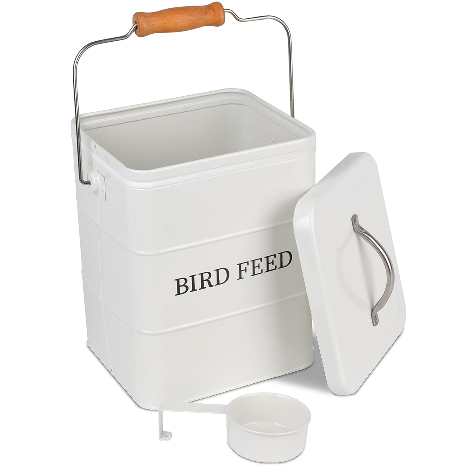 Photo 1 of DEAYOU Pet Food Storage Tin with Lid, Metal Bird Seed and Feed Container with Serving Scoop, Treats Storage Canister Bin Can for Dogs, Cats Food, Coated Carbon Steel, Tight Fitting Lid, White, 5-6 Lbs