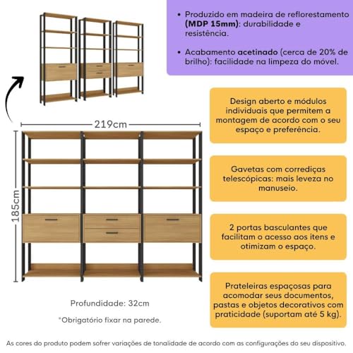 Multimóveis Estante de Escritório Modulada Texas MP6060 com 12 Prateleiras 2 Portas 2 Gavetas 219cm Preto/Madeirado
