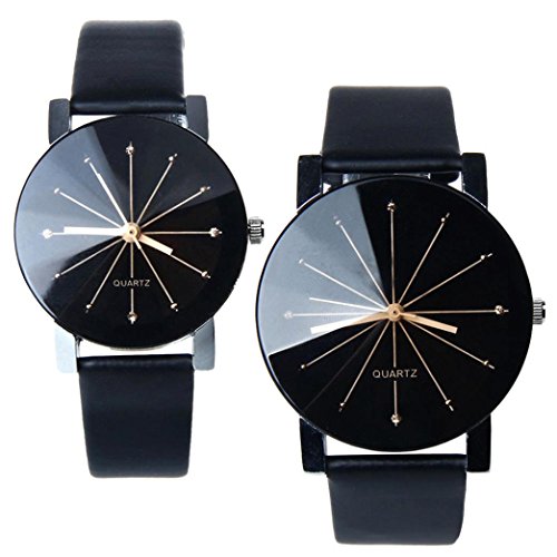 1 Pair Perman Womens Mens Unique Quartz Round Dial Case Clock PU Leather Lovers Wrist Watch Black