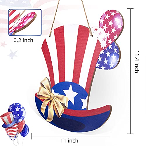 4th of July USA Hanging Wooden Door Sign Uncle Sam Patriotic Hat Wall Decor Hanging Wreath Sign Welcome Sign Perfect For Independence Day Memorial Day Patriotic Decoration Farmhouse,Porch,Garden,Front Door（11.8 X 11.8 inch)
