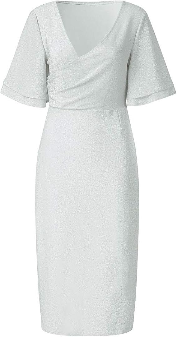 Amazon 女性のセクシーなソリッドvネック半袖パーティーロータスリーフタイツスリムロングドレスセクシー ワンピース ロング 膝丈パーティードレス ミニ ワンピース 薄手 二次会 結婚式に適切 通勤 可愛い 代30代40代 イブニングドレス 通販