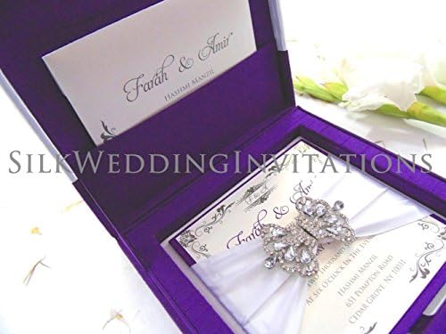 Luxury Silk Wedding Invitation Box with Buckle Rhinestone Embellishment Brooch and Satin Ribbon Bow - SAMPLE