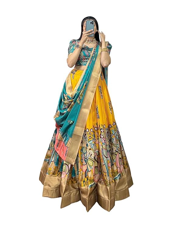 Photo 1 of Xl. LooknBook Art YanaFab Women's Dola Silk With Kalamkari Print Lehnega Choli Set (Yellow)