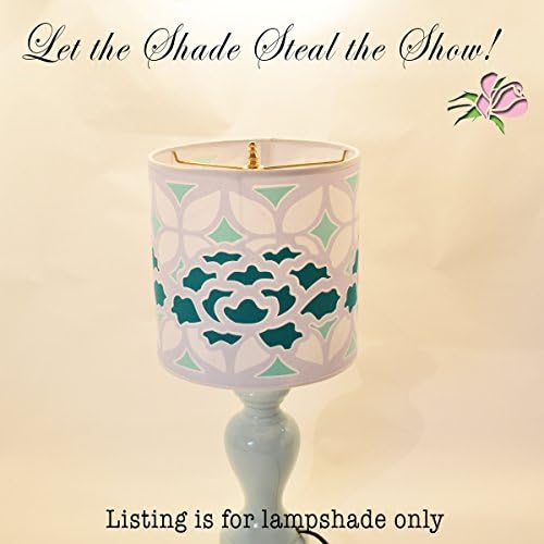 Lavender Fabric Lampshade featuring teal/turquoise Peony flowers and green lattice, designed to simulate stained glass