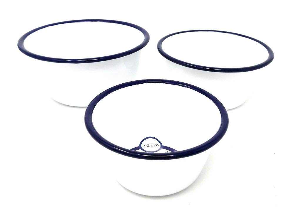 3 x Falcon White and Blue Enamel Xmas Pudding Bowls, Size 12cm, 14cm, 16cm.