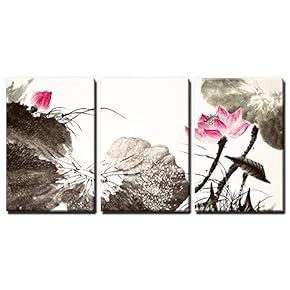 3 Panel Canvas Wall Art - Chinese Ink and Wash Painting Style Lotus Flowers - Giclee Print Gallery Wrap Modern Home Art Ready to Hang - 16"x24" x 3 Panels