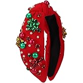 Christmas Pearl Knotted Headband for Women, Rhinestone Embleished Jeweled Xmas Hairband Elegant Wide Top Knot Red and Green Headpiece Holiday Party Hair Gifts Accessories (Red Snowflake)