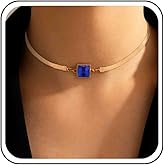 Iaceble Boho Blue Sapphire Square Necklace Choker Snake Chain Necklace Square Blue Gemstone Necklace Gold Herringbone Chain Necklace Jewelry for Women