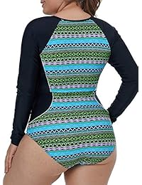 evaless Traje de baño de una pieza con cremallera estampada en la parte delantera de la camisa de manga larga para dama