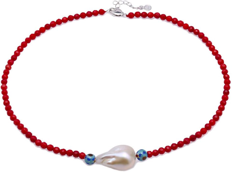 JYX Gemstone Coral Necklace 5mm Round Red Coral with 20×28mm White Baroque Freshwater Pearl Pendant Necklace for women 18.5"