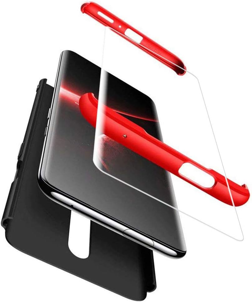 Mkej Compatible with Oneplus 7 Pro Case, 360° Full Body Bumper, [Ultra-Thin][Anti-Slip] 3 in 1 Hard PC Plastic Slim Cover + Tempered Glass Screen Protector for Oneplus 7 Pro - Black red