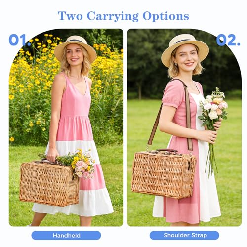 Wicker Picnic Basket Wicker Picnic Basket for 2 Person - Picnic Set with Insulated Compartment, Plates, Cutlery, Wine Glasses, Corkscrew - Perfect for Beach, Country, Park & BBQ Gift