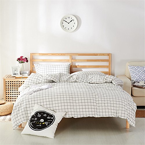 Vougemarket 3 Pieces Duvet Cover Set - 100% Natural Washed Cotton Luxury Quality Soft Breathable Comfortable White Plaid Checkered/Tartan Pattern-King,Autumn