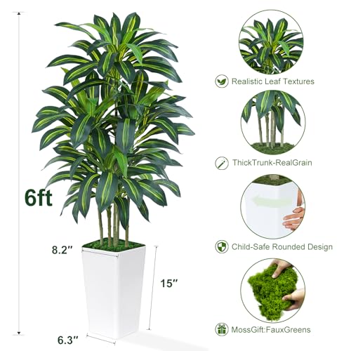 Keeplush 6ft Artificial Dracaena Tree with White Planter, 180cm Tall Tropical Fake Plant with 108 Leaves, Faux Artificial Tree Indoor for Office Room Modern Decor