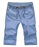 Plaid&Plain Men's Slim Fit Elastic Waist Drawstring Linen Shorts
