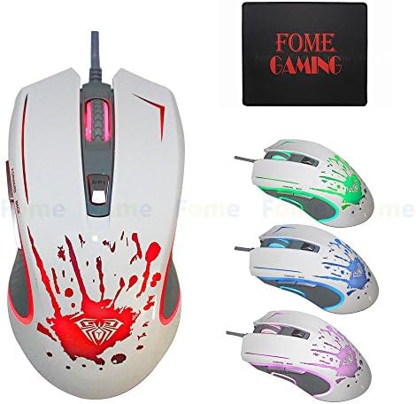 USB Wired Gaming Mouse ,FOME GAMING SANCTION Professional Optical Gaming Mouse Gaming Mice 750/1750/2500/3500DPI Adjustable Seven Color Backlight Recycle 6 Buttons (White)+ FOME GAMING Mouse Pad