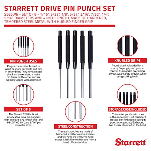 Starrett Drive Pin Punch Set, S248 Set of 5 1/8", 3/16", 1/4", 5/16