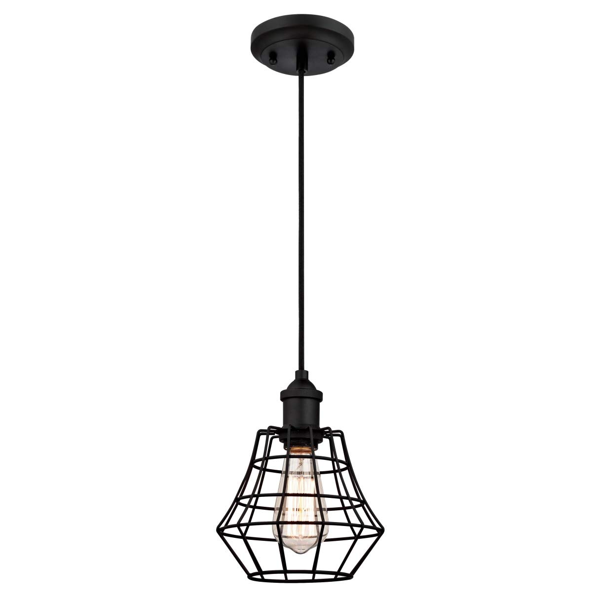 61053 Nathan One-Light Indoor Pendant, Matte Black Finish with Angled Bell Cage Shade