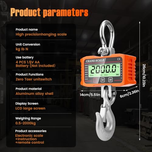 2000kg/4000lb Crane Scale, 2T Electronic Crane Scale,Industrial Pendant with Accurate Sensor, Large LCD Display and Remote Control for Farms (Orange)