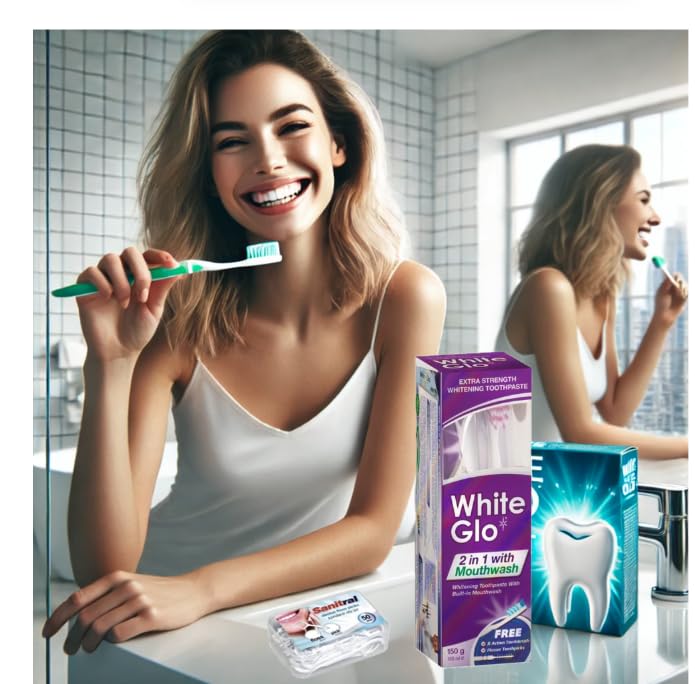 White Glo 2In1 with Mouthwash Whitening Toothpaste 100Ml &Toothbrush (with Sanitral 50 Pcs Dental Floss Stick Included as a Gift)