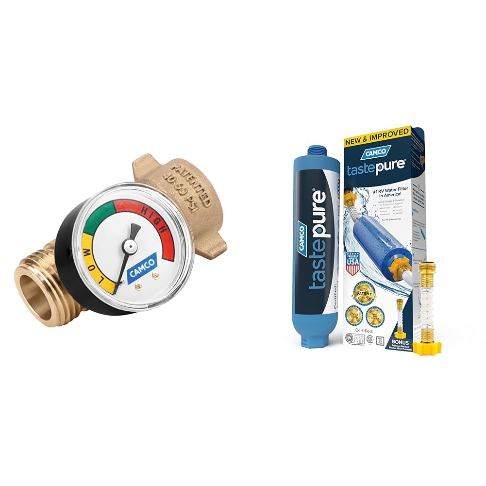 Camco RV Water Pressure Regulator w/Gauge-Helps Protect Plumbing(40064) TastePURE RV Water Filter w/Hose Protector-Inline Water Filter Reduces Chlorine, Sediment & More-Made in USA(40043)