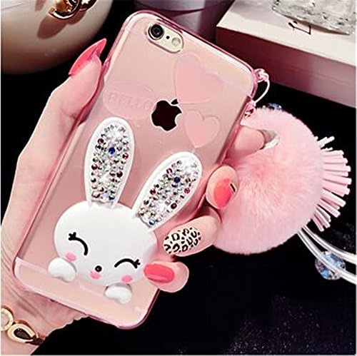 iPhone 7 Case with Chain,Cute Lovely Bunny Rabbit Silicone Soft Case Cover for iPhone 7 4.7 inch with Fur Ball (Pink)