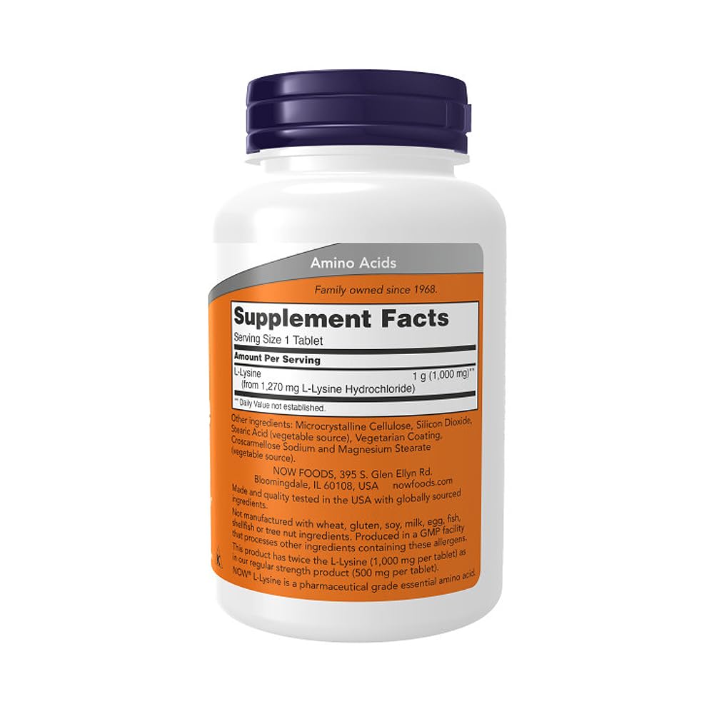 NOW Foods Supplements, (L-Lysine Hydrochloride) 1,000 mg, Double Strength, Amino Acid, 100 Tablets