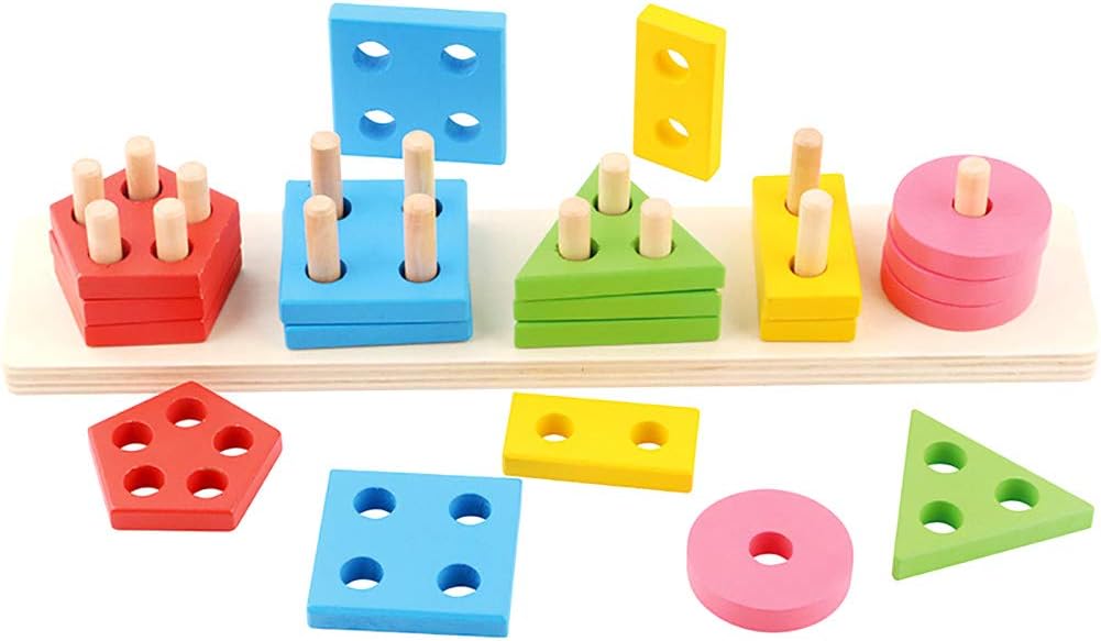 Wooden Wooden Educational Shape Color Toy for Toddler Kids,Recognition Geometric Board Blocks Stack Sort Chunky Puzzles for 1 2 3 4 5 Year Boys Girls,Perfect Birthday Party Gift for Children