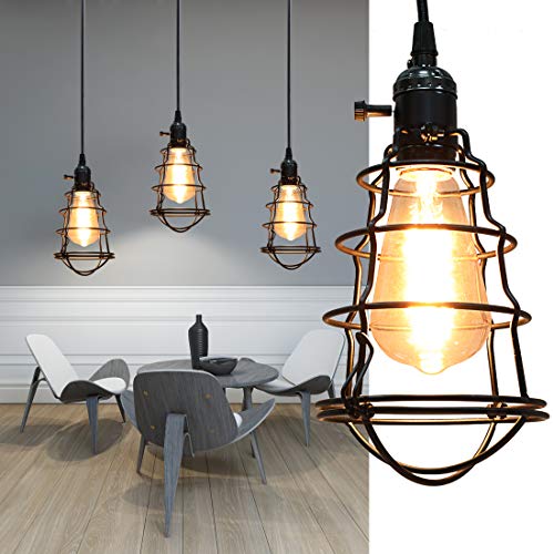 COOLWEST Industrial Pendant Light, Mini Hanging Caged Pendant Light Fixture Adjustable Black Cord for Home Kitchen Vintage Edison Lighting - Thumbnail 7