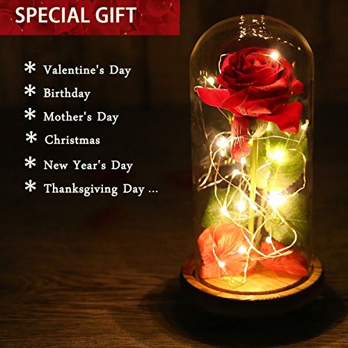 Beauty and Beast Roses, Dream Flower Red Silk Rose with LED Light and Fallen Petals on a Glass Dome Wooden Base, Best for Weddings, Anniversaries, Educational Gifts for Kids - Thumbnail 5