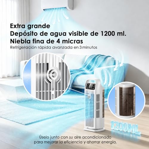 Portable Air Conditioner with Remote Control, 5 in 1 Water Fan, 1.2L Evaporative Climate Control, Storm Button 7 m/s, 120° Oscillation, 12 Hour Timer, Low Consumption (Polar White)