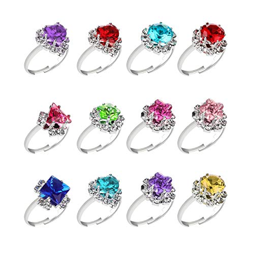image for Hifot 12 pcs Girls Crystal Adjustable Rings, Princess Jewelry Finger R