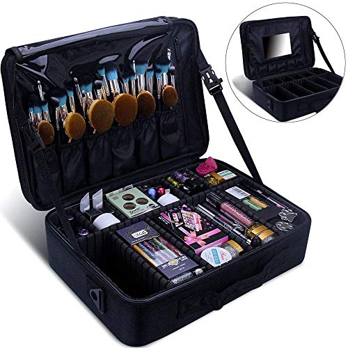 Relavel Makeup Train Case 3 layer Multi Functional Professional Makeup Bag Large Make Up Artist Box Cosmetic Organizer with DIY Dividers Movable Mirror for Cosmetics Makeup Brushes Beauty Tool (Black)