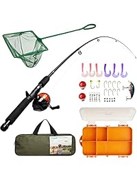 Lanaak   Bastón de pesca para niños, con red, bolsa de viaje, carrete y guía para principiantes, kit de caña y carrete para niños, niñas o jóvenes