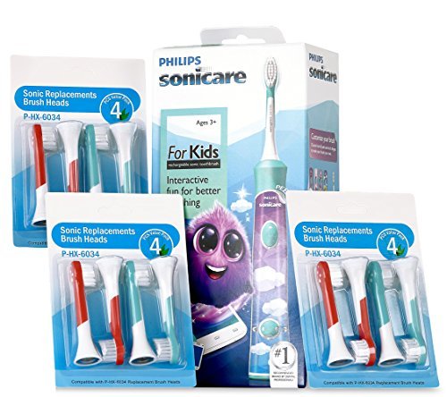 Philips Sonicare for Kids Rechargeable Electric Toothbrush HX6321/02 Bundle with Sonic Kids Replacement Toothbrush Heads HX6034 Pack of 3 Compatible with All Kids Sonicare Models - 4 Items Philips Sonicare for Kids Rechargeable Electric Toothbrush HX6321/02 Bundle with Sonic Kids Replacement Toothbrush Heads HX6034 Pack of 3 Compatible with All Kids Sonicare Models - 4 Items