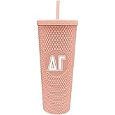 Sorority Shop Delta Gamma Studded Tumbler with Straw - 24 Oz Tumbler with Lid and Straw, Matte Coral, Reusable Plastic Cup with Screen Printed Greek Letters for Water, Ice Coffee or Any Drink